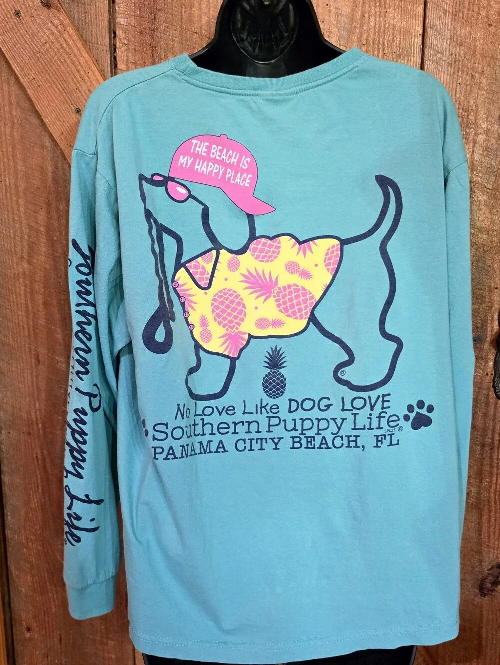 Vintage Southern Puppy Panama City Beach Long Sleeve T-Shirt Womens Medium Teal